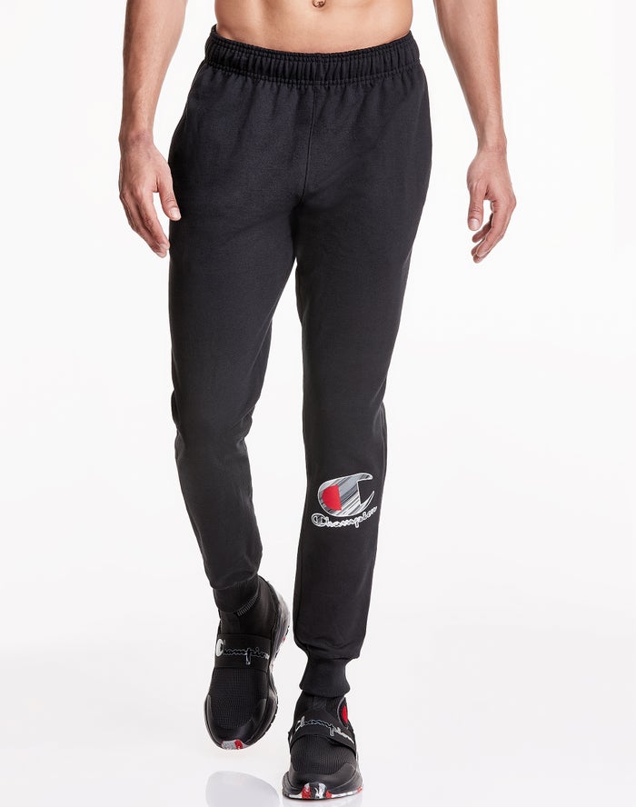 Champion Mens Joggers NZ - Powerblend Fleece Inset Rectangle Logo Black ( 5397-PWCIO )